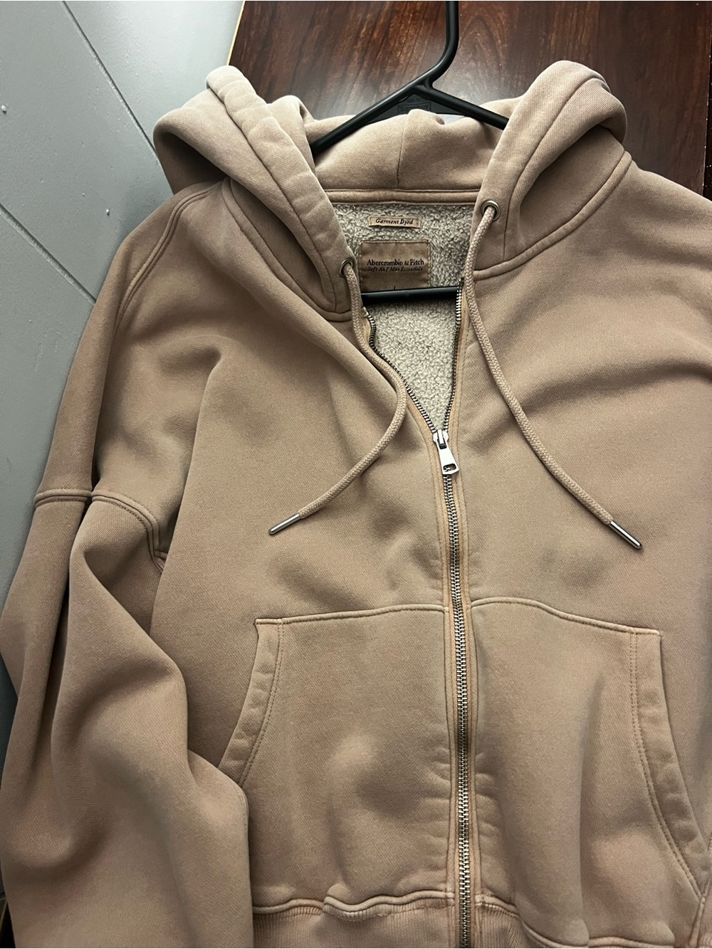 Abercrombie & Fitch Plush Sherpa-Lined Zip Hoodie in Light Taupe